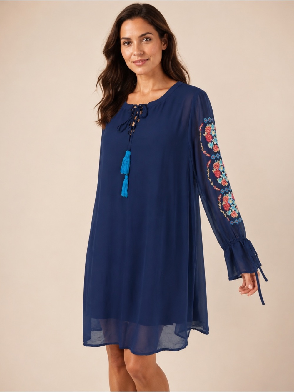 Andree Navy Floral Embroidered Sleeve Boho Tunic Dress Tassel Tie. SzS